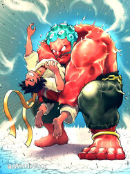  1boy 1girl absurdres anklet arched_back arms_up baggy_pants barefoot bearhug belt belt_buckle black_hair blue_hair bra buckle chain choker clenched_teeth colored_skin crack cracked_floor dougi facial_hair hakan highres jewelry karate_gi makoto_(street_fighter) md5_mismatch muscular muscular_male oil oiled pants quasimodox red_bra red_skin resolution_mismatch ribbon ribbon_choker short_hair simple_background source_smaller street_fighter street_fighter_iv_(series) sweat teeth tomboy underwear yellow_ribbon 