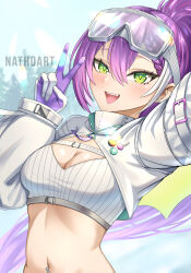  1girl absurdres alternate_costume artist_name badge bandeau blush braid breasts buckle button_badge cleavage fangs gloves goggles goggles_on_head green_eyes hair_between_eyes hair_ornament highres hololive hooded_shrug long_hair long_sleeves looking_at_viewer multicolored_hair nathosf navel navel_piercing open_mouth piercing pink_hair ponytail purple_hair ribbed_bandeau see-through see-through_sleeves shorts single_braid smile snap-fit_buckle snow_goggles solo strapless streaked_hair tokoyami_towa tokoyami_towa_(5th_costume) tube_top two-sided_gloves virtual_youtuber white_bandeau white_gloves white_hair white_shorts white_shrug white_tube_top wings 