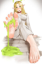  1girl barefoot blonde_hair blush dungeon_meshi easonx feet green_eyes highres long_hair looking_at_viewer marcille_donato open_mouth pointy_ears slime_(substance) soles toes  rating:Sensitive score:32 user:ssfl