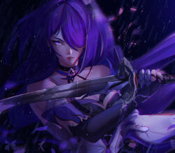  1girl acheron_(honkai:_star_rail) armor armpit_crease artist_logo bad_id bandaged_arm bandages bare_shoulders black_choker black_gloves breasts chain chain_around_arm choker cleavage coat commentary criss-cross_halter diamond-shaped_pupils diamond_(shape) different_reflection earrings english_commentary gloves hair_ornament hair_over_one_eye halterneck highres holding holding_sword holding_weapon honkai:_star_rail honkai_(series) jewelry katana large_breasts lis_arisa long_hair multicolored_hair parted-lips pink_petals purple_eyes purple_hair red_eyes reflection shoulder_armor single_wide_sleeve solo streaked_hair sword symbol-shaped_pupils weapon white_coat white_hair 