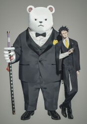  2boys absurdres bear bepo black_footwear black_hair black_jacket black_pants buttons closed_mouth earrings facial_hair finger_tattoo formal full_body goatee grey_background hand_tattoo highres holding holding_sword holding_weapon jacket jacket_on_shoulders jewelry ksuke_(k-taro31) light_smile long_sleeves looking_at_viewer male_focus multiple_boys necktie one_piece pants polar_bear shoes short_hair suit sword tattoo trafalgar_law vest weapon yellow_eyes yellow_necktie 