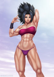  10s 1girl abs absurdres arm_up armpits bare_shoulders biceps big_hair black_hair blue_eyes bracer breasts cameltoe caulifla cleavage collaboration collarbone commentary contrapposto dragon_ball dragon_ball_super elee0228 english_commentary gluteal_fold hair_intakes highres lips looking_at_viewer medium_breasts muscular muscular_female navel newash panties parted_lips purple_panties second-party_source solo spiked_hair standing strapless thick_thighs thighs tube_top underwear 