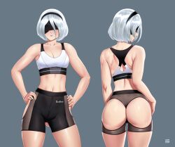  1girl 2b_(nier:automata) ass ass_cutout black_blindfold black_hairband blindfold breasts cleavage clothing_cutout commentary_request finalcake grey_background hairband hands_on_own_hips hip_vent medium_breasts multiple_views navel nier:automata nier_(series) short_hair short_shorts shorts simple_background sports_bra stomach t-back_spats white_hair 