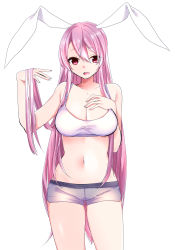  1girl absurdres animal_ears breasts cleavage commentary_request hand_on_own_chest highres large_breasts light_purple_hair long_hair looking_at_viewer navel open_mouth purple_hair rabbit_ears red_eyes reisen_udongein_inaba simple_background solo touhou very_long_hair white_background yukina_(masyumaro610)  rating:Sensitive score:11 user:danbooru