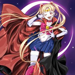  1girl adapted_costume bishoujo_senshi_sailor_moon blonde_hair blue_sailor_collar boots bow bowtie cape choker crescent demon_tail double_bun earrings elbow_gloves forked_tongue gloves hair_bun hair_ornament heart highres jewelry long_hair midriff navel parted_bangs red_bow red_bowtie red_choker red_eyes red_footwear sailor_collar sailor_moon sailor_senshi_uniform shirt skirt smile solo tail tongue twintails vampire white_gloves white_shirt yozora 