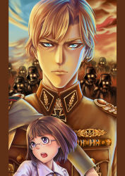  1girl 2boys absurdres alfred_zimmersmark anh_thuy belt blonde_hair blue_eyes brown_hair buttons closed_mouth cloud cross darun_khanchanusthiti die_wolfsspuren glaring glasses helmet highres iron_cross jacket looking_at_viewer looking_back looking_to_the_side looking_up medal medallion military military_uniform multiple_boys nazi open_mouth original purple_eyes purple_shirt ribbon shirt short_hair shouting silhouette sky swastika ulrich_werther uniform waffen-ss weapon  rating:Sensitive score:1 user:Win3666