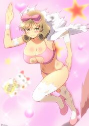  1girl artist_name blush body_blush bow bra breasts bruise bruised_chest calico cleavage closed_mouth coin curly_hair dust_cloud frown full_body gloves gold green_eyes groin hair_bow haruka_(senran_kagura) heart highres huge_breasts injury koban_(gold) lab_coat lemonrou lens_flare light_brown_hair maneki-neko mary_janes navel panties pink_background pink_bow pink_bra pink_footwear pink_panties running senran_kagura senran_kagura_shoujo-tachi_no_shin&#039;ei shiny_skin shoes short_hair skindentation solo sparkle star_(symbol) swept_bangs thighhighs torn_clothes torn_coat torn_gloves torn_sleeves torn_thighhighs twitter_username underwear white_thighhighs 