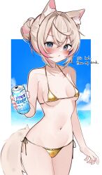  1girl absurdres alternate_hairstyle animal_ears bikini blue_eyes blush breasts can commentary cowboy_shot crossed_bangs dog_ears dog_girl dog_tail double-parted_bangs embarrassed english_commentary gold_bikini hair_between_eyes hair_bun highres holding holding_can hololive hololive_english incoming_drink light_brown_hair looking_at_viewer meiwowowo meme_attire micro_bikini mococo_abyssgard multicolored_hair pink_hair short_hair side-tie_bikini_bottom single_hair_bun small_breasts solo streaked_hair string_bikini swimsuit tail virtual_youtuber 