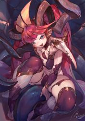  1girl :d between_legs black_horns blue_eyes breasts cameltoe cleavage covered_erect_nipples curled_horns demon_girl demon_horns fangs fingernails hand_between_legs highres holding holding_mask horns jikan_hakushaku long_hair mask nail_polish navel open_mouth original pink_hair plague_doctor_mask pointy_ears red_nails signature slit_pupils small_breasts smile solo teeth toenail_polish toenails tongue tongue_out twintails very_long_hair 