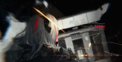  1girl aiming assault_rifle blurry character_name copyright_name from_behind girls&#039;_frontline grey_hair gun highres holding holding_gun holding_weapon hood hooded_jacket jacket lens_flare long_hair m4_carbine m4_sopmod_ii_(girls&#039;_frontline) mienthoa motion_blur multicolored_hair pink_hair projectile_trail red_hair rifle solo streaked_hair upper_body weapon  rating:Sensitive score:3 user:danbooru