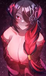  1girl absurdres black_hair blush braid braided_ponytail breasts cleavage craymer demon_horns dress flower hair_flower hair_ornament hair_over_one_eye hair_over_shoulder highres hololive hololive_english horns large_breasts long_hair looking_at_viewer mamarissa mature_female mole mole_under_eye red_dress red_hair smile solo virtual_youtuber  rating:Sensitive score:7 user:danbooru