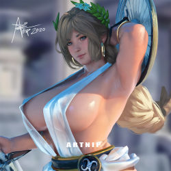  1girl ancient_greek_clothes areola_slip arm_up armpits artnip blonde_hair breasts covered_erect_nipples dappled_sunlight dress earrings gold_earrings greco-roman_clothes halter_dress halterneck holding holding_sword holding_weapon hoop_earrings jewelry large_breasts no_bra realistic revealing_clothes see-through shield solo sophitia_alexandra soul_calibur sunlight sword weapon  rating:Questionable score:88 user:Vardigiil