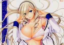  10s 1girl absurdres blonde_hair blue_eyes bra bra_lift breasts celia_kumani_entory cleavage drill_hair hairband highres huge_breasts komori_kei lingerie long_hair looking_at_viewer lying open_clothes open_shirt school_uniform shirt simple_background smile solo underwear undressing walkure_romanze  rating:Questionable score:58 user:Kentabarou
