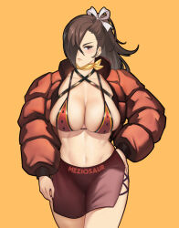  1girl artist_name bikini bikini_top_only blush breasts brown_eyes brown_hair cleavage closed_mouth collarbone commentary criss-cross_halter fire_emblem fire_emblem_fates hair_over_one_eye halterneck hand_on_own_hip jacket kagero_(fire_emblem) large_breasts lips long_hair long_sleeves looking_at_viewer meziosaur midriff navel nintendo open_clothes open_jacket orange_background ponytail simple_background skirt solo stomach swimsuit thighs 
