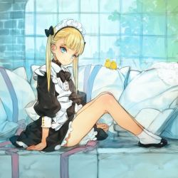  1girl absurdres apron blonde_hair blue_eyes blunt_bangs couch dress frills head_tilt highres long_hair looking_at_viewer maid maid_apron maid_headdress ooyari_ashito original pillow puffy_sleeves ribbon short_dress sitting smile solo twintails  rating:Sensitive score:53 user:danbooru