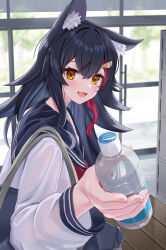  1girl absurdres alternate_costume animal_ears bag black_hair blue_sailor_collar blush bottle brand_name_imitation commentary_request giving highres holding holding_bottle hololive indoors long_sleeves looking_at_viewer multicolored_hair ookami_mio open_mouth plastic_bottle pocari_sweat red_hair sailor_collar school_bag school_uniform serafuku shirt smile solo streaked_hair togemaru34 virtual_youtuber water_bottle white_shirt wolf_ears wolf_girl wooden_floor yellow_eyes 