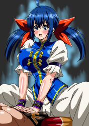  1boy 1girl arm_support blue_eyes blue_hair blush breasts bulge cameltoe chinese_clothes covered_erect_nipples erection erection_under_clothes fatal_fury futaba_hotaru gameplay_mechanics garou:_mark_of_the_wolves girl_on_top griffon_mask highres large_breasts legs low_twintails open_mouth pants sexually_suggestive snk the_king_of_fighters thick_thighs thighs twintails 