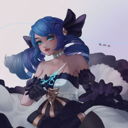 1girl absurdres blue_eyes blue_hair close-up drill_hair gloves gwen_(league_of_legends) highres league_of_legends long_hair looking_to_the_side matching_hair/eyes ribbon scissors rating:Sensitive score:6 user:twilight_jester