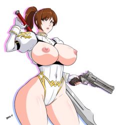  1girl breastless_clothing breasts breasts_out brown_hair capcom contrapposto devil-v devil_may_cry_(series) devil_may_cry_4 gun highleg highleg_leotard highres huge_breasts kyrie leotard nipples parted_lips thick_thighs thighs weapon  rating:Questionable score:63 user:danbooru