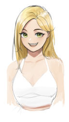  1girl azelweien blonde_hair blush commentary cropped_torso english_commentary face green_eyes highres jurassic_cops long_hair looking_at_viewer open_mouth sarah_(jurassic_cops) shirt sketch solo teeth upper_teeth_only white_shirt 