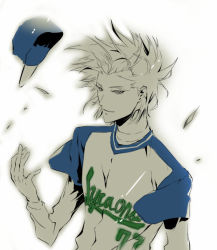  1boy baseball_cap blonde_hair hat male_focus one_outs red_eyes shirt short_sleeves simple_background solo t-shirt tokuchi_toua upper_body white_background wind  rating:Questionable score:3 user:danbooru