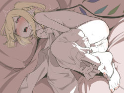  1girl ass asutora barefoot bed_sheet blonde_hair bloomers bloomers_pull blush breasts commentary_request drooling fangs feet female_masturbation fingering flandre_scarlet full_body half-closed_eyes heavy_breathing holding holding_clothes holding_shirt lying male_underwear male_underwear_pull masturbation medium_breasts nose_blush on_side open_mouth pointy_ears pussy_juice red_eyes saliva shirt short_hair side_ponytail solo sweat toes touhou underwear wings  rating:Explicit score:153 user:danbooru