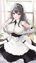  1girl absurdres apron azur_lane black_dress blush breast_hold breasts charybdis_(azur_lane) clothing_cutout commentary commission curtains dress elbow_gloves framed_breasts frilled_apron frills gloves grey_eyes grey_hair hairband highres huge_breasts indoors lace-trimmed_hairband lace_trim large_breasts layered_dress looking_at_viewer maid_headdress pixiv_commission see-through_curtains sleeveless solo two-tone_dress underboob_cutout white_apron white_dress white_gloves window wo_meiyou_mao  rating:Sensitive score:11 user:danbooru