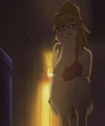  1girl blonde_hair blue_eyes breasts choujuushin_gravion cleavage glasses hand_on_own_face highres large_breasts legs long_hair looking_at_viewer open_mouth ponytail shorts smile solo squatting stitched tachibana_mizuki tank_top thighs third-party_edit 