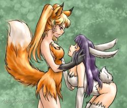 2girls alternate_eye_color alternate_hair_color animal_ears asuka_kureru bent_over black_fur blonde_hair body_fur breasts claws cleavage closed_mouth couple deviantart_username eye_contact facial_mark facing_another female_focus fox fox_ears fox_girl fox_tail from_side furry furry_female genderswap genderswap_(mtf) gradient_hair green_background hair_ornament hairclip hand_on_another&#039;s_cheek hand_up happy hyuuga_hinata kitsune kyuubi kyuubi_(naruto) large_breasts long_hair looking_at_another multicolored_hair multiple_girls multiple_tails naruko_(naruto) naruto naruto_(series) naruto_shippuuden orange_fur orange_hair parted_lips purple_eyes purple_hair rabbit_ears rabbit_girl rabbit_tail red_eyes smile standing tail twintails uzumaki_naruto watermark web_address whisker_markings whiskers white_fur wide-eyed yuri rating:Questionable score:174 user:Slutty_ninja_bitch
