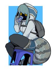  1girl backpack bag black_legwear blue_background blue_hair blush can commentary dolphin_shorts drinking english_commentary hood hood_up jacket monster_girl original pinky_out scales shorts sitting snake_tail soda_can solo sparrowl stool symbol_commentary tail thighhighs two-tone_background white_background 