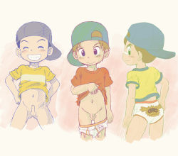 3boys ass baseball_cap blush bottomless briefs creatures_(company) erection flaccid game_freak hat highres looking_at_viewer male_focus male_underwear mitsui_jun multiple_boys nintendo npc_trainer penis pokemon shota smile teeth testicles underwear undressing youngster_(pokemon) rating:Explicit score:177 user:pankocrumb