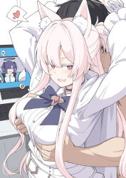  !? 1boy 2girls akira_(blue_archive) anger_vein animal_ear_fluff animal_ears belt black_bow black_bowtie black_choker black_hair blue_archive blush bow bowtie breasts buttons cat_ears choker colored_eyelashes extra_ears gloves grabbing grabbing_another&#039;s_breast grabbing_from_behind halo heart keyboard_(computer) large_breasts long_hair long_sleeves mechanical_halo monitor multiple_girls open_mouth pink_hair pink_halo purple_hair red_eyes sensei_(blue_archive) shirt shiseki_hirame short_hair smile spoken_anger_vein spoken_heart white_belt white_gloves white_shirt yuuka_(blue_archive) 