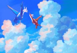  blue_wings cloud creatures_(company) dragon game_freak gen_3_pokemon highres keruasu0629 latias latios legendary_pokemon midair nintendo no_humans outdoors pokemon pokemon_(creature) red_wings sky wings  rating:General score:0 user:danbooru