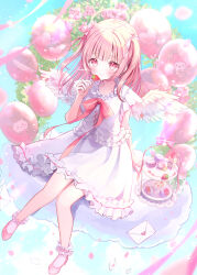  1girl :3 angel angel_wings balloon blonde_hair blush bow cake cake_slice closed_mouth feathered_wings food fork fruit halo heart heart_balloon highres holding holding_food holding_fork irono1910 long_hair original pink_footwear pink_hair red_eyes ribbon skirt smile solo strawberry strawberry_cake two_side_up wings 