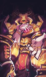  1boy absurdres armor b00_rad eldlich_the_golden_lord extra_eyes full_armor gloves gold_armor highres horns jewelry konami red_eyes ring teeth white_gloves yu-gi-oh!  rating:Sensitive score:2 user:Excarius