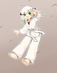  1girl :d absurdres ahoge barefoot belt chinese_commentary colored_tips commentary_request dot_nose dougi falling_leaves feet full_body green_eyes green_hair grey_background highres kuma-bound leaf looking_at_viewer martial_arts_belt multicolored_hair open_mouth original pants salute simple_background smile soles solo toes two-finger_salute two-tone_hair white_belt white_hair white_pants 