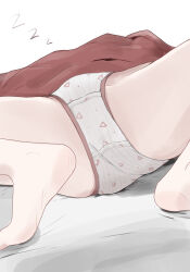  1girl ass barefoot bed_sheet close-up crotch crotch_focus crotch_seam feet female_focus highres loli lower_body lying nicora on_back panties print_panties simple_background sleeping soles solo spread_legs striped tagme underwear vertical_stripes white_background white_panties zzz  rating:Questionable score:140 user:maimaimai