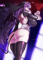 1girl @_@ absurdres ass black_thighhighs blurry blurry_background breasts cowboy_shot creatures_(company) demon_wings detached_sleeves from_behind game_freak hex_maniac_(pokemon) highres holding holding_poke_ball huge_breasts indoors lemonbizate long_hair long_sleeves looking_at_viewer looking_back matching_hair/eyes nintendo nun open_mouth poke_ball pokemon pokemon_xy purple_eyes purple_hair revealing_clothes sketch smile solo standing thighhighs wings rating:Questionable score:29 user:DarkToonLink