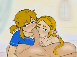  1girl 2boys belly bisexual_male blonde_hair blue_eyes blush colorized dross earrings eyebrows fellatio green_eyes highres jewelry licking link long_hair multiple_boys nintendo nude oral penis ponytail princess_zelda shirt stomach testicles the_legend_of_zelda the_legend_of_zelda:_breath_of_the_wild third-party_edit tongue tongue_out uncensored  rating:Explicit score:194 user:redlight1
