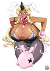  1girl @_@ animal_ears bare_shoulders black_leotard blonde_hair breasts cleavage collar constricted_pupils cowboy_shot cuffs dark-skinned_female dark_skin fake_animal_ears horns huge_breasts leotard long_hair looking_at_viewer monster_musume_no_iru_nichijou open_mouth pantyhose playboy_bunny pointy_ears red_eyes simple_background single_horn smile solo surprised tionishia virusotaku white_background  rating:Questionable score:12 user:DarkToonLink