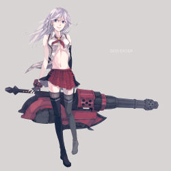  10s 1girl alisa_ilinichina_amiella blue_eyes boots breasts female_focus god_eater highres hitsuji_(hanatoutau) long_hair simple_background skirt smile solo thigh_boots thighhighs underboob weapon white_hair  rating:Sensitive score:14 user:DeathMarch