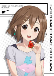  1girl :d absurdres blush brown_eyes brown_hair character_name chinese_commentary collarbone commentary_request copyright_name earrings food fruit grey_shirt hair_ornament hairclip highres hirasawa_yui holding holding_food holding_fruit jewelry k-on! listen!! looking_at_viewer open_mouth shirt short_hair short_sleeves smile solo strawberry teeth upper_body upper_teeth_only xian_yu_zhanshi 