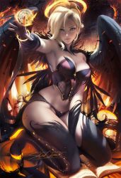 1girl angel artist_name blonde_hair blue_eyes book candle fire halo looking_at_viewer mercy_(overwatch) overwatch overwatch_1 pentagram sakimichan tagme wings  rating:Questionable score:75 user:dqknight