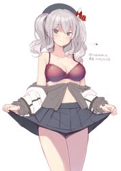  10s 1girl 2015 bad_id bad_twitter_id bare_shoulders blue_eyes bra breasts cleavage clothes_lift collarbone cowboy_shot dated frills fujishiro_touma grey_hair hat heart kantai_collection kashima_(kancolle) looking_at_viewer off_shoulder simple_background skirt skirt_lift smile solo twintails twitter_username underwear white_background 