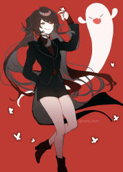  1girl arm_behind_back black_nails black_shorts boots brown_hair bug butterfly butterfly_on_hand eyebrows_visible_through_hair eyes_closed fang flower flower-shaped_pupils formal genshin_impact ghost grin hu_tao insect jacket jewelry long_hair long_sleeves nail_polish nana_illust open_mouth red_background red_eyes ring shorts simple_background skin_fang smile solo suit symbol-shaped_pupils teeth twintails very_long_hair 