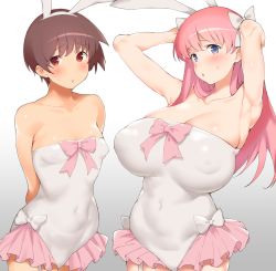 2girls animal_ears armpits arms_behind_back arms_behind_head bare_shoulders blue_eyes blush bow breasts breasts_apart brown_eyes brown_hair cleavage collarbone commentary_request covered_erect_nipples covered_navel cowboy_shot embarrassed fake_animal_ears garter_straps gradient_background grey_background hair_bow haramura_nodoka highres huge_breasts leotard looking_at_viewer miyanaga_saki multiple_girls nekoshoko open_mouth pink_hair rabbit_ears saki_(manga) shiny_skin short_hair side-by-side skin_tight small_breasts standing sweatdrop white_background white_bow rating:Questionable score:78 user:danbooru