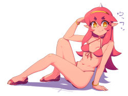  1girl arm_support bad_id bad_pixiv_id bikini bracelet choker colored_skin criss-cross_halter earrings artistic_error fang front-tie_top full_body hairband halterneck horns jewelry looking_at_viewer metata navel original pointy_ears red_bikini red_hair red_skin sandals short_eyebrows sidelocks simple_background single_horn sitting slit_pupils smile solo swimsuit white_background wrong_foot yellow_eyes  rating:Sensitive score:32 user:danbooru