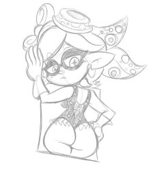  +_+ 1girl arm_up ass bare_shoulders bow breasts domino_mask drills earrings female_focus frilled_swimsuit frills from_behind gloves greyscale half-closed_eyes hand_on_own_hip huge_ass jewelry looking_back looking_down looking_to_the_side marie_(splatoon) mask medium_breasts monochrome nintendo object_on_head one-piece_swimsuit short_hair simple_background sketch solo sparkle splatoon_(series) swimsuit white_background wide_hips 