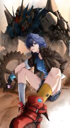  adjustable_wrench alternate_costume analog_clock black_choker black_gloves blue_eyes blue_hair blue_shirt breasts brown_jacket choker clock commentary elbow_on_knee foreshortening gears gloves hair_between_eyes hair_intakes highres holding hololive hololive_english jacket knees_up large_breasts logo long_legs mecha mecha_request medium_hair mismatched_socks mouchu on_ground open_clothes open_jacket ouro_kronii red_footwear robot shirt short_shorts shorts sitting sleeves_rolled_up smile socks t-shirt virtual_youtuber white_socks wrench yellow_socks 