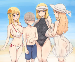 1boy 3girls abubu age_difference ass beach bikini black_one-piece_swimsuit blonde_hair blue_eyes blue_male_swimwear blue_sky blue_swim_trunks blush breasts breasts_apart brother_and_sister cleft_of_venus covered_erect_nipples day drawstring dress dress_swimsuit fishnet_swimsuit flower grey_hair hair_flower hair_ornament hat highleg highleg_swimsuit large_areolae large_breasts long_hair male_swimwear medium_hair mother_and_son multiple_girls navel one-piece_swimsuit onee-shota original sagging_breasts see-through see-through_dress shota siblings side-tie_bikini_bottom sideboob sky smile sun_hat swim_trunks swimsuit visor_cap wristband yellow_eyes rating:Questionable score:125 user:danbooru